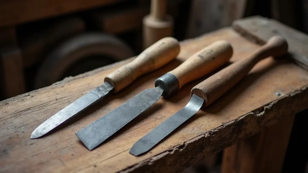 Traditional shipwright hand tools on sawn hardwood timber
