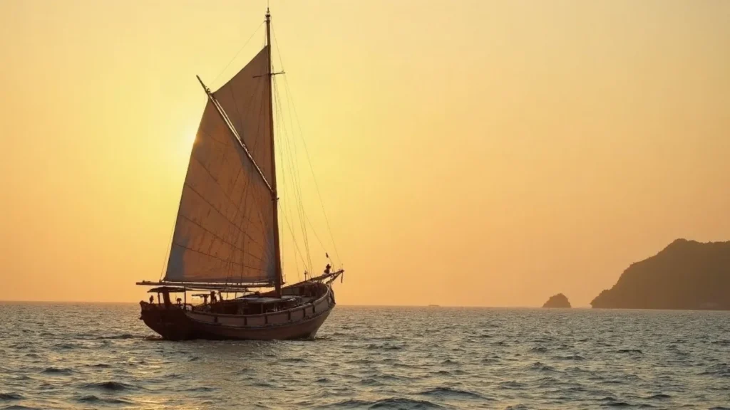 A timber vessel under way on the Flores Sea at golden hour