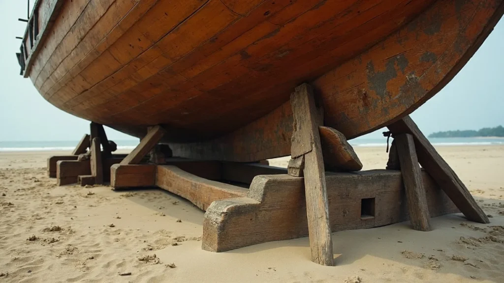 Timber blocks and angled props supporting a hull's bilge