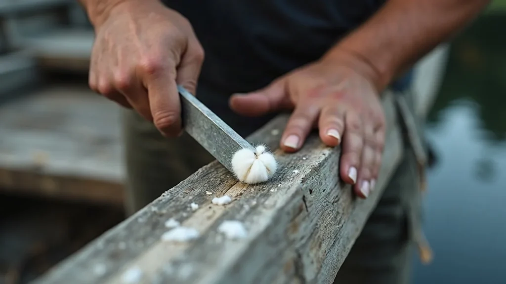 Caulking fibre driven into a prepared plank seam