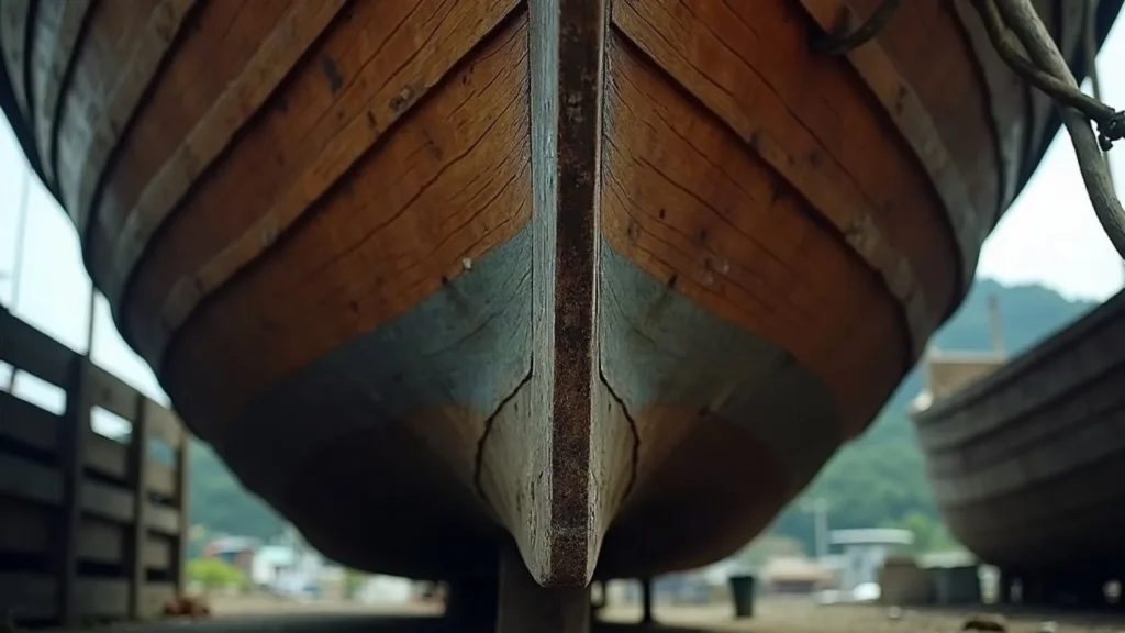 Stern and rudder of a timber vessel viewed from the hard