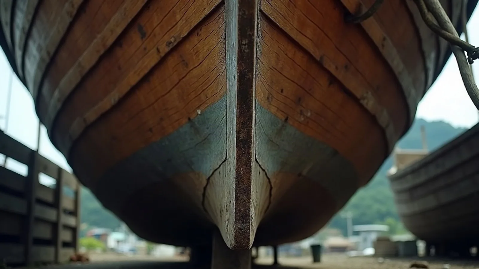 Stern and rudder of a timber vessel viewed from the hard