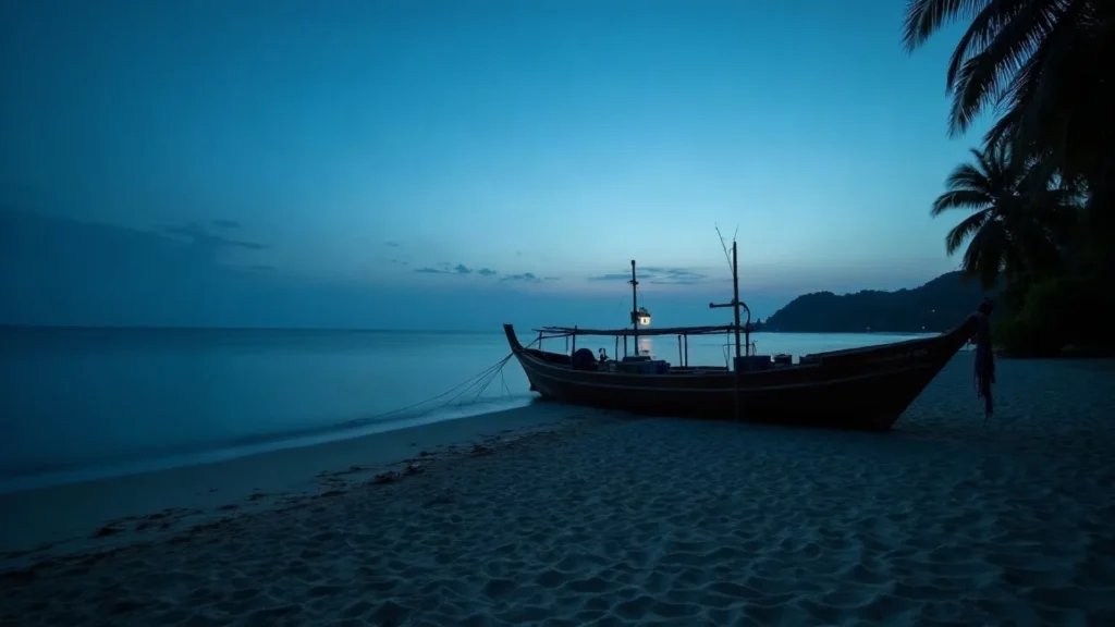 The Bira foreshore at dusk with a timber hull on the sand