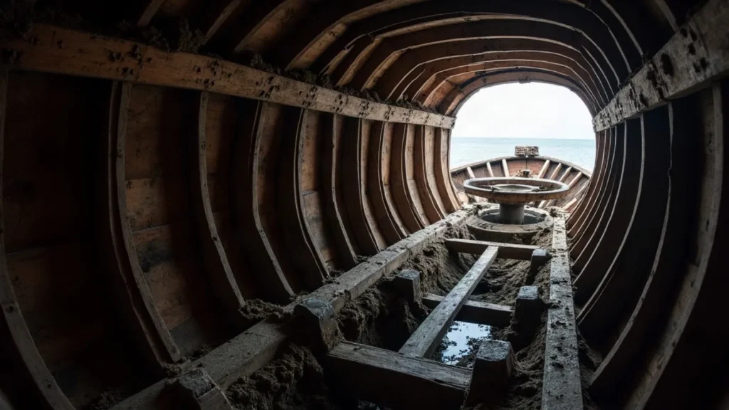 An engine bay with the engine removed exposing timber bearers