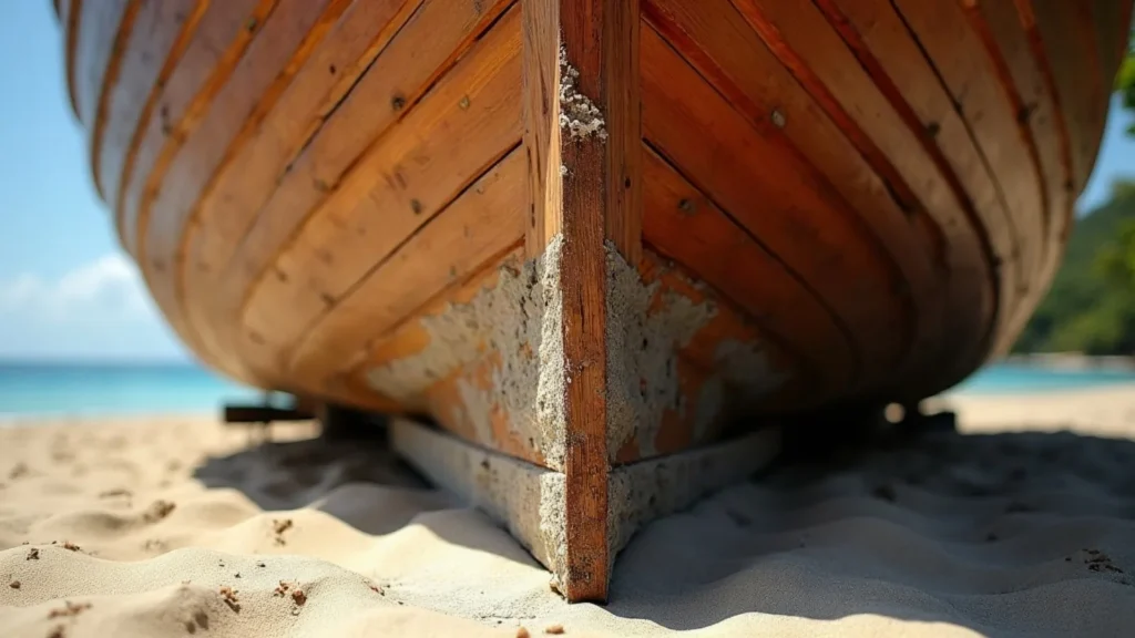 Bow and stem of a timber vessel supported on the hard