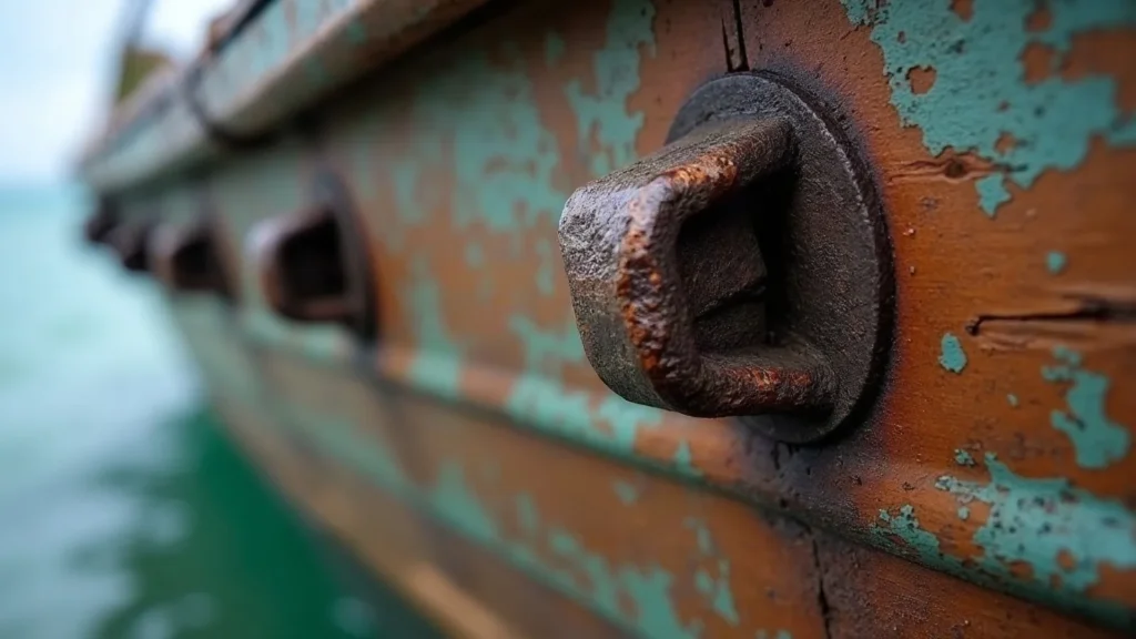 Fastening heads and treenails in weathered hull planking