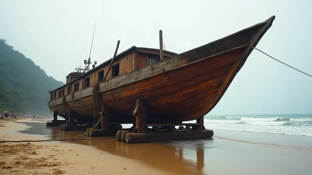 A timber hull drawn up the beach on ways and shored with timber props