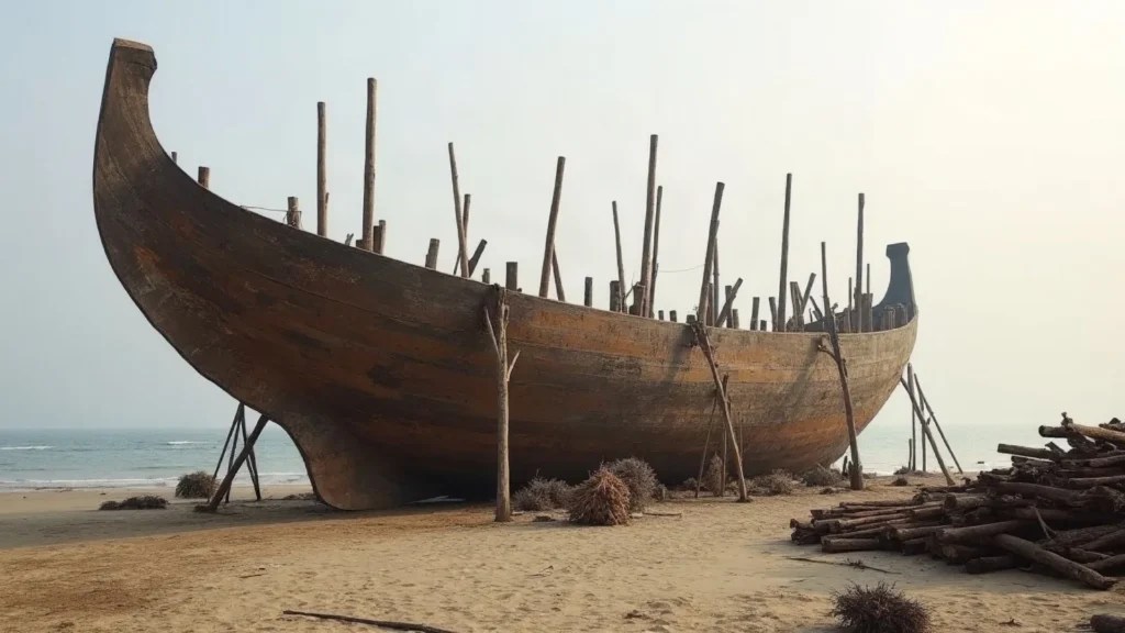 Traditional timber hull supported on ways on the Tanjung Bira foreshore at low tide