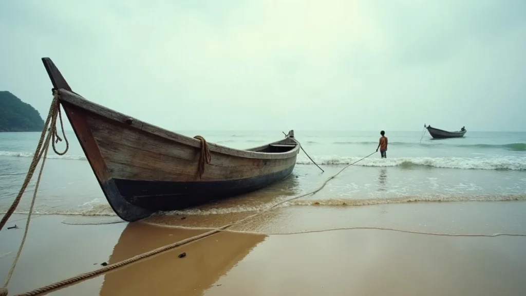 A vessel part way up the beach on timber ways
