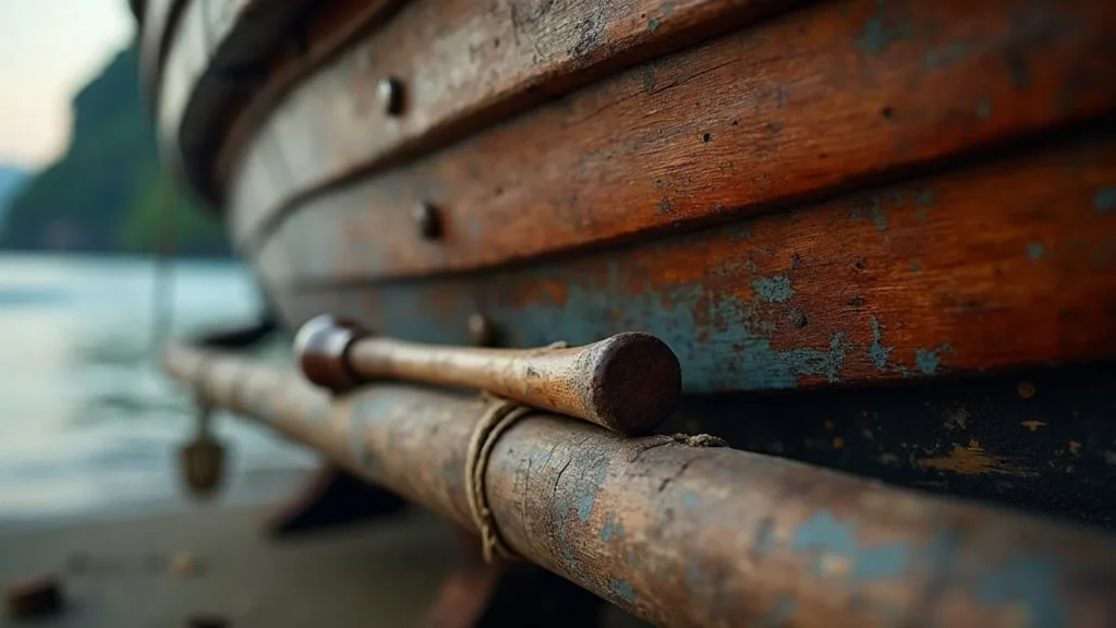 Plank seams on a carvel timber hull being prepared for caulking