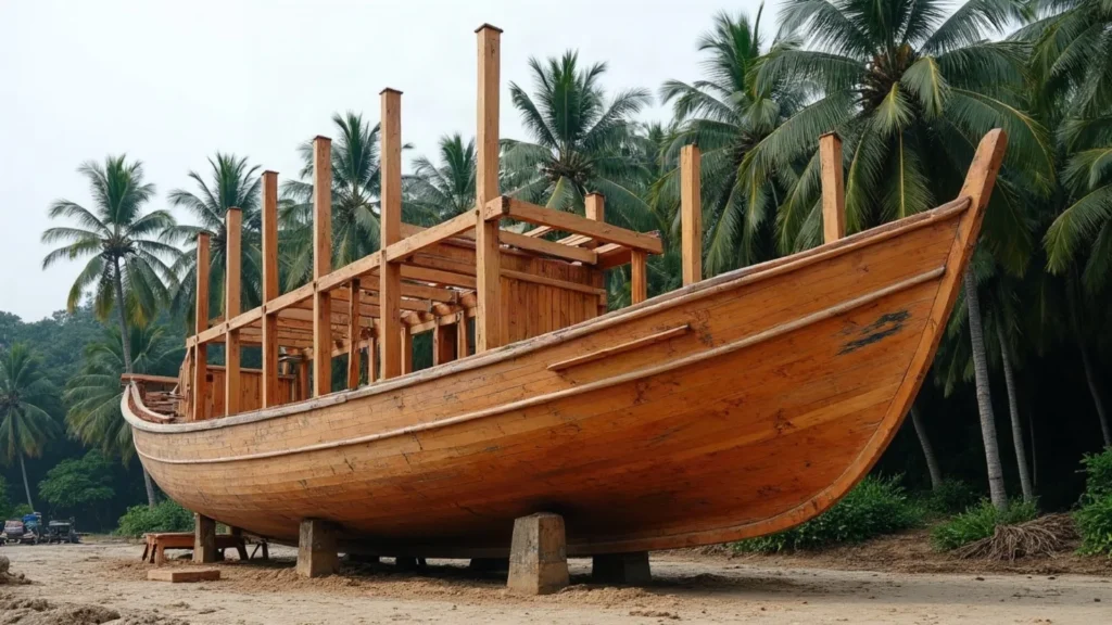 Newly erected frames of a timber hull on the building site