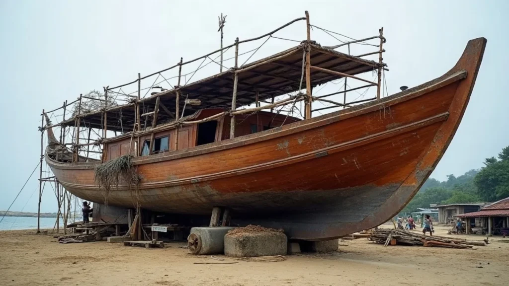 A liveaboard vessel hauled out for refit on the foreshore