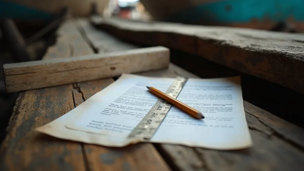 Working papers and a folding rule on timber planking