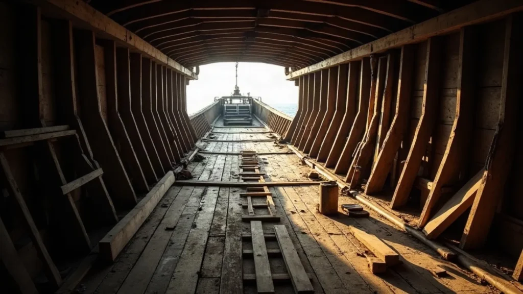 An older timber vessel opened up for refit with deck planking removed