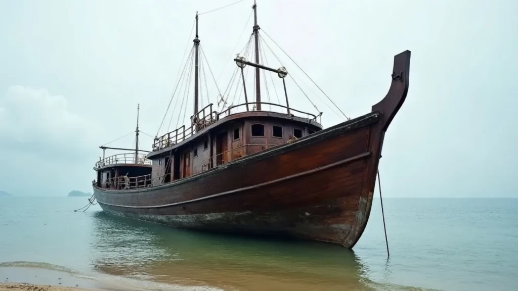 A timber hull afloat immediately after relaunch