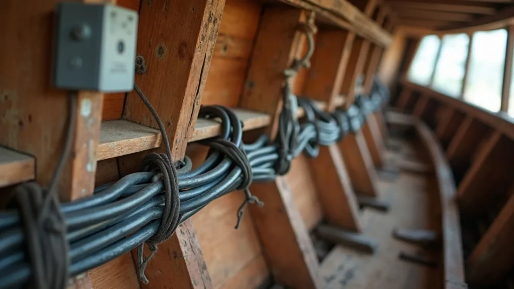 Cable runs secured along timber frames during a rewire