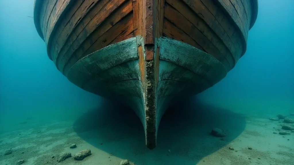 Antifouling meeting bare timber at the waterline of a hull on the hard