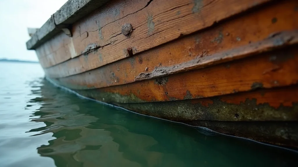 Washed timber hull planking exposed for inspection and sounding