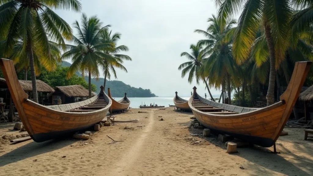 Traditional boatbuilding beach with large timber hulls under construction