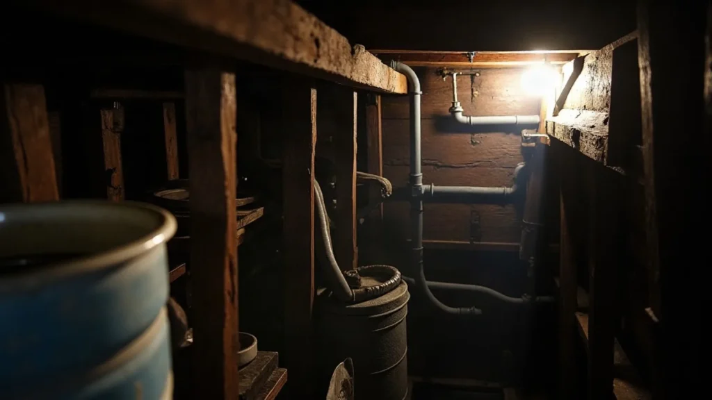 Tank and plumbing runs inside the bilge of a timber vessel