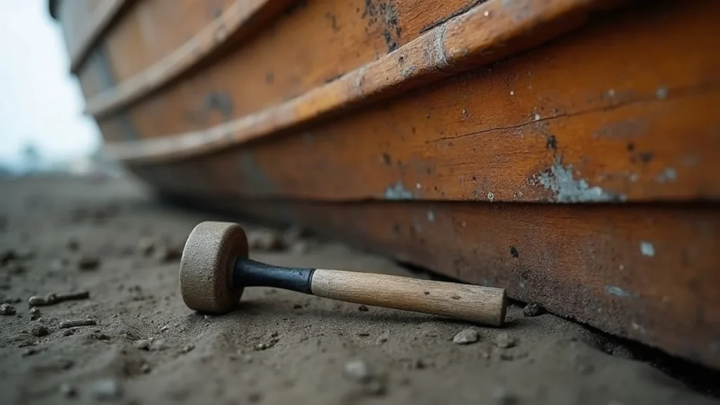 Survey tools against washed hull planking marked with chalk