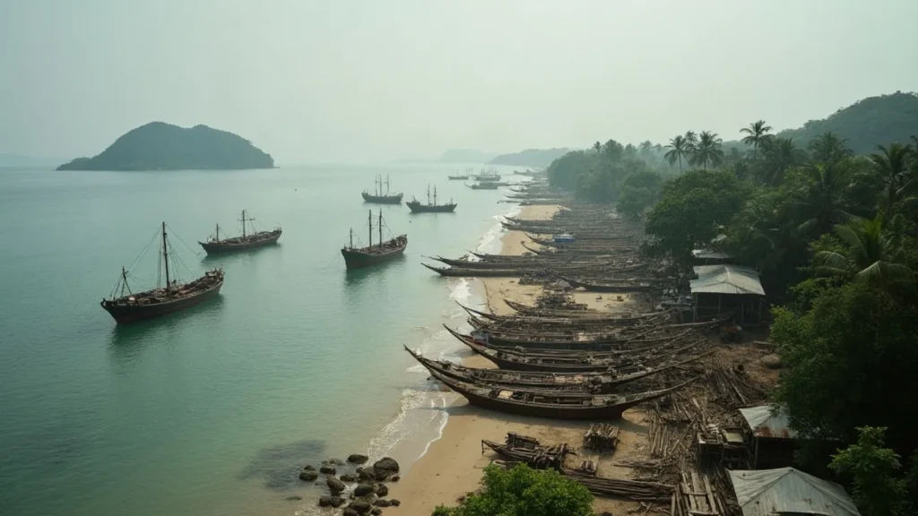 A long view along the working boatbuilding foreshore