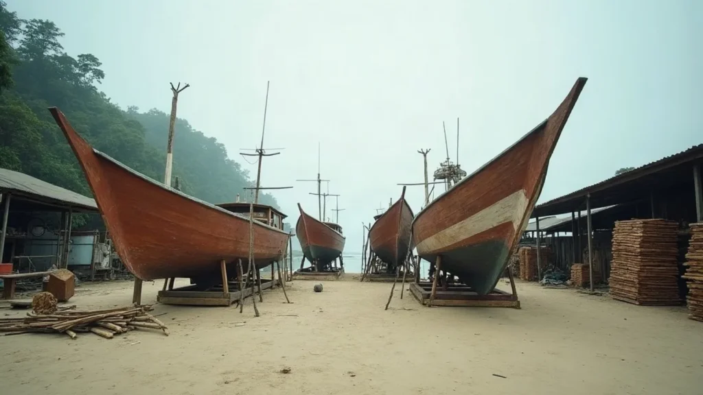 A working foreshore boatyard with several timber hulls at different stages
