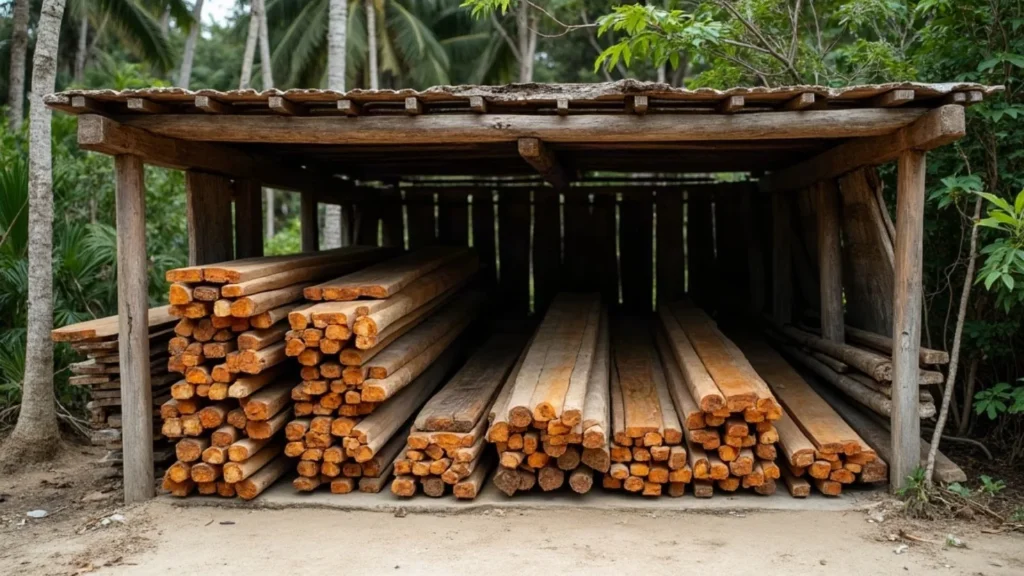 Stacked boat-grade hardwood timber under an open shelter