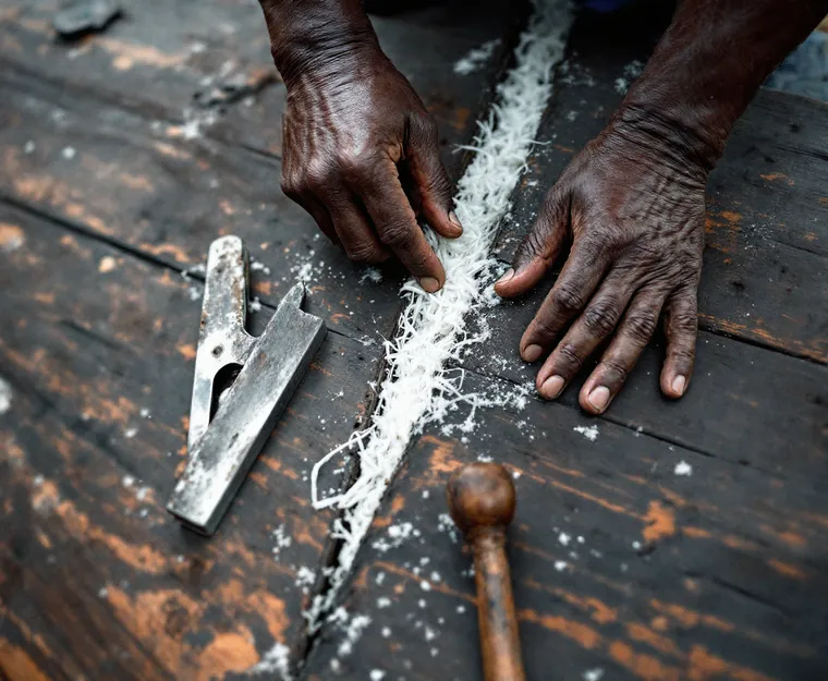 Shipwright's hands pressing caulking cotton into an open carvel plank seam with a caulking iron and mallet