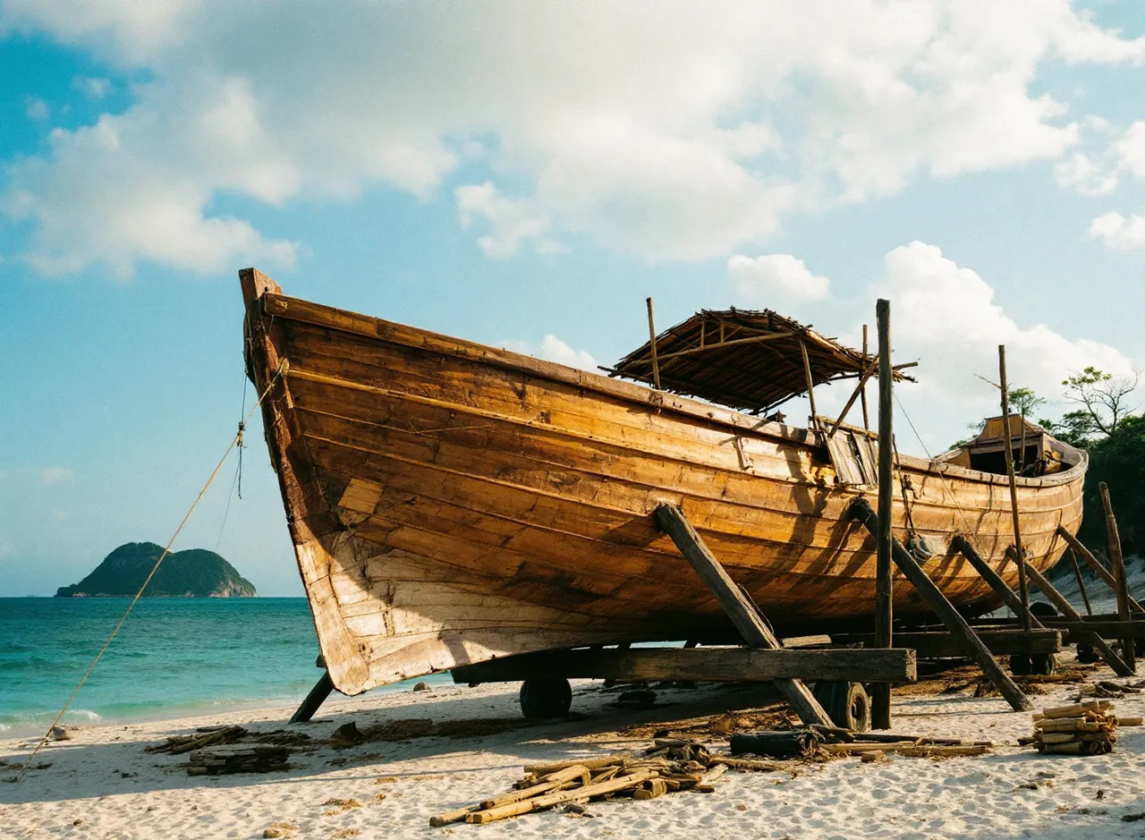 Traditional Indonesian timber hull shored on wooden ways on the white-sand foreshore at Tanjung Bira, South Sulawesi